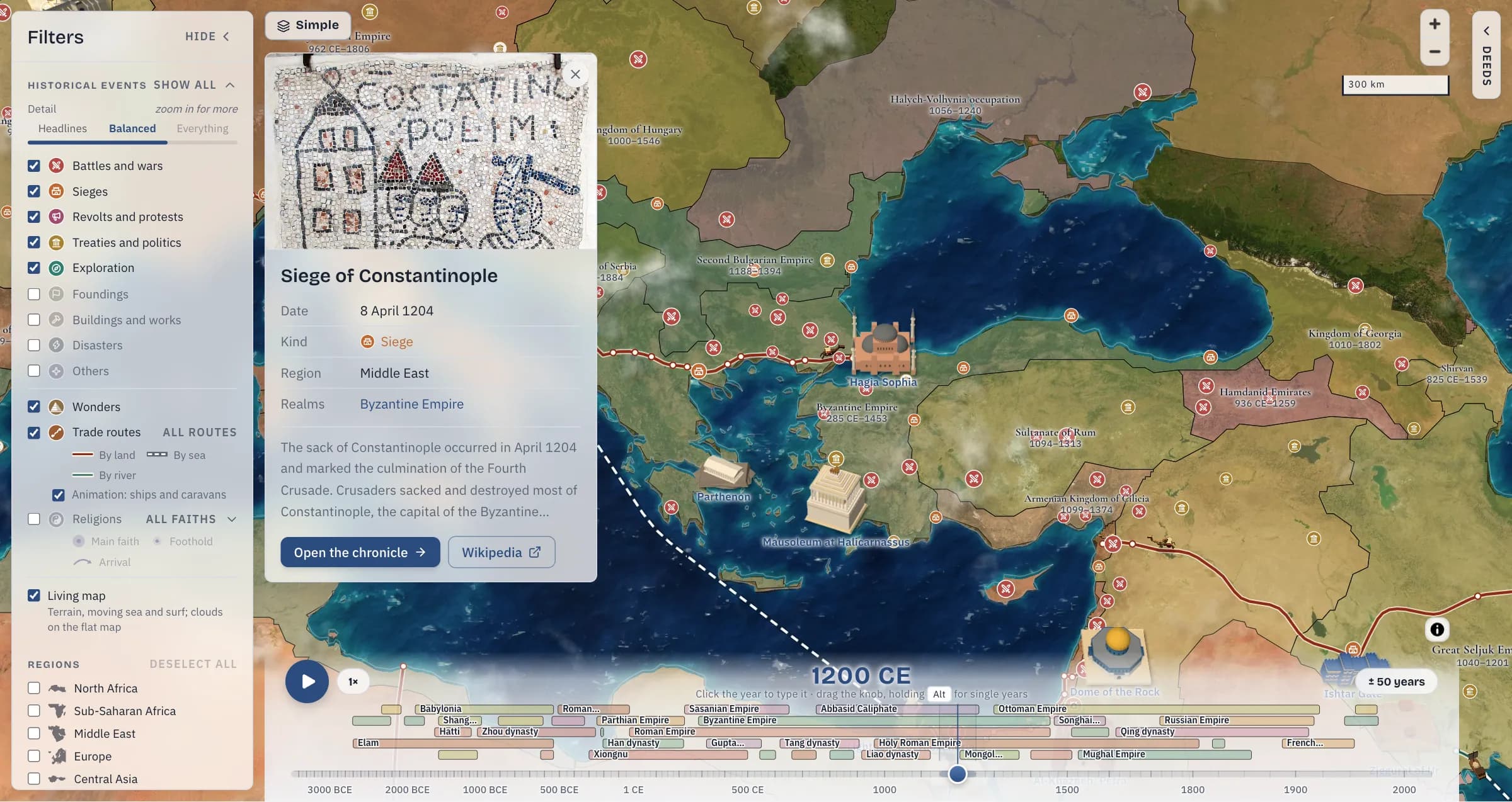 The Siege of Constantinople chosen on the map: its card, with a mosaic of the city, its date and a summary, beside Constantinople and the Aegean.