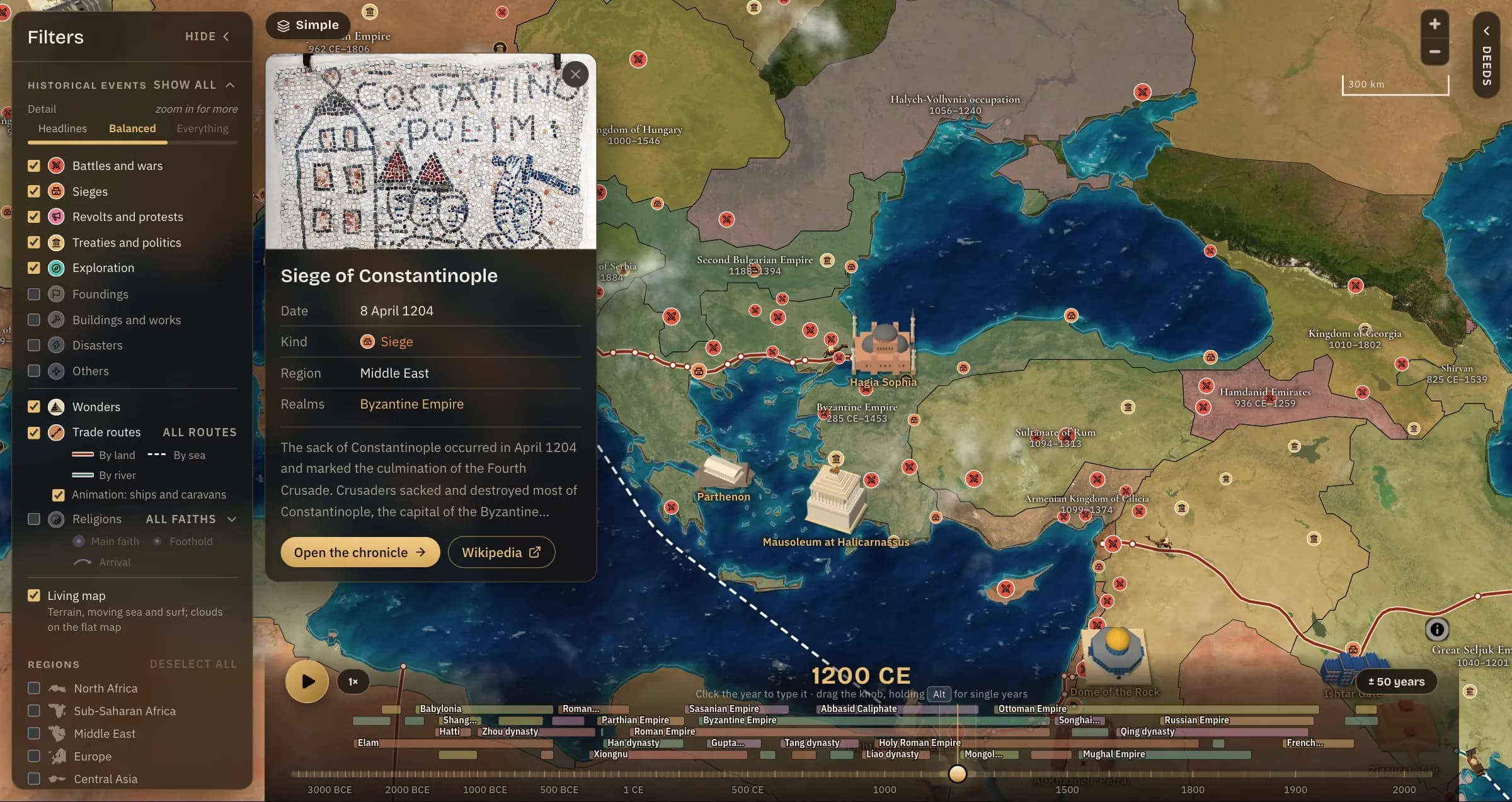 The Siege of Constantinople chosen on the map: its card, with a mosaic of the city, its date and a summary, beside Constantinople and the Aegean.