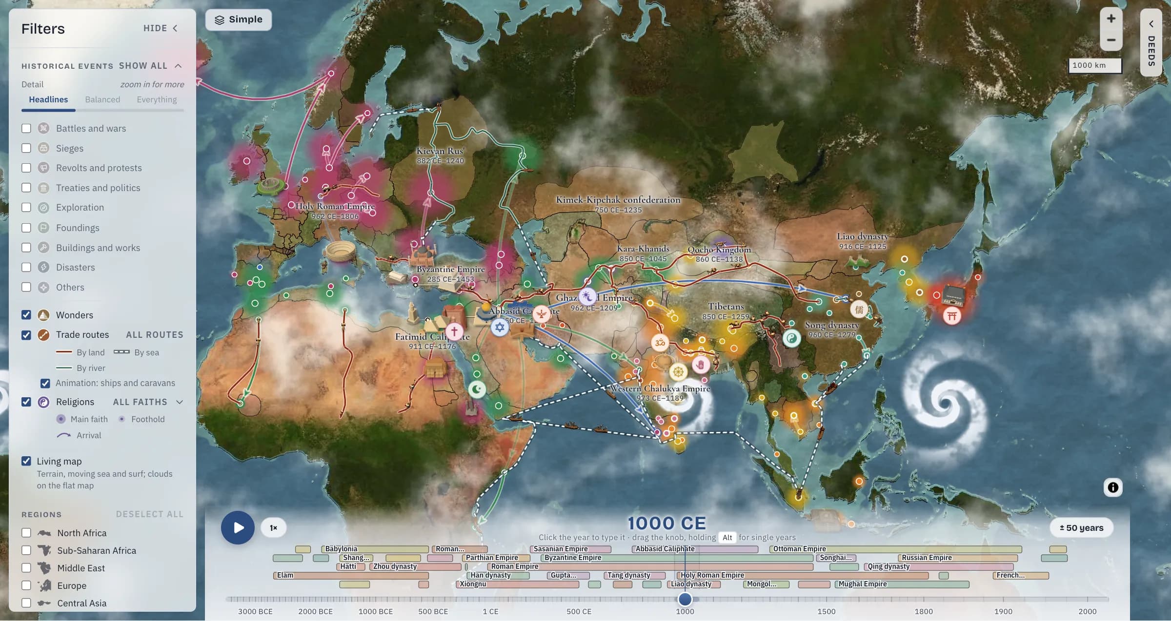 The year 1000 with every faith drawn, each glowing where it was held with arcs to where it spread, over the trade routes from Europe to Japan.
