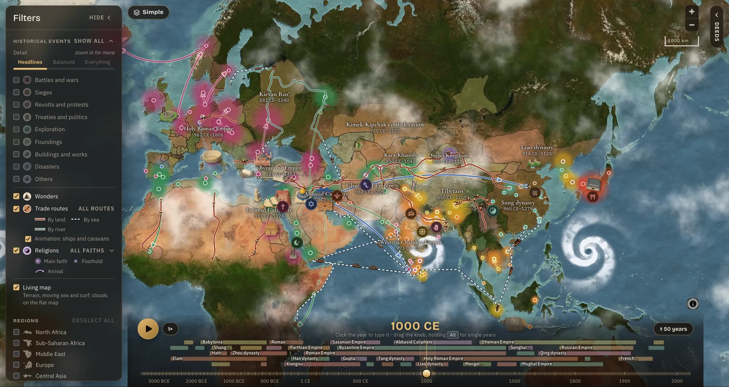 The year 1000 with every faith drawn, each glowing where it was held with arcs to where it spread, over the trade routes from Europe to Japan.
