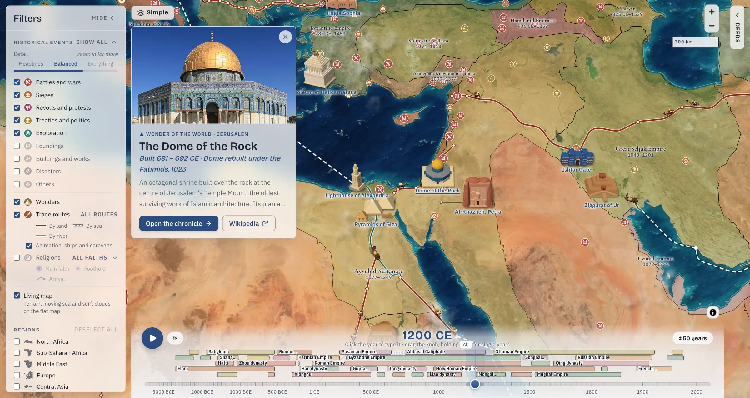 The Dome of the Rock chosen on the map: its card beside Jerusalem, among the Pyramids, the Lighthouse of Alexandria, Petra, the Ishtar Gate and the Ziggurat of Ur, with the trade routes and battles of 1200 CE.