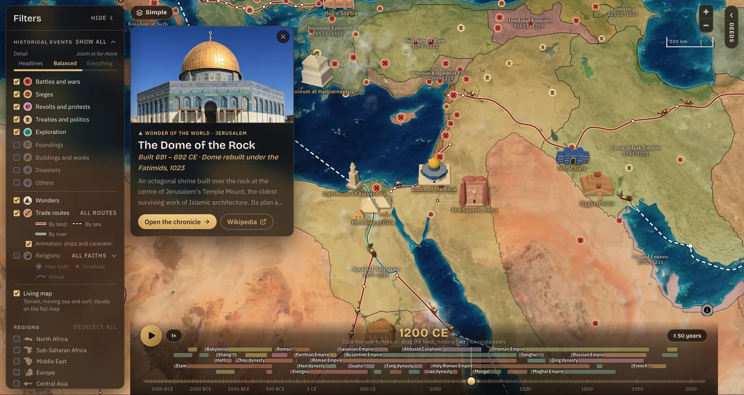 The Dome of the Rock chosen on the map: its card beside Jerusalem, among the Pyramids, the Lighthouse of Alexandria, Petra, the Ishtar Gate and the Ziggurat of Ur, with the trade routes and battles of 1200 CE.